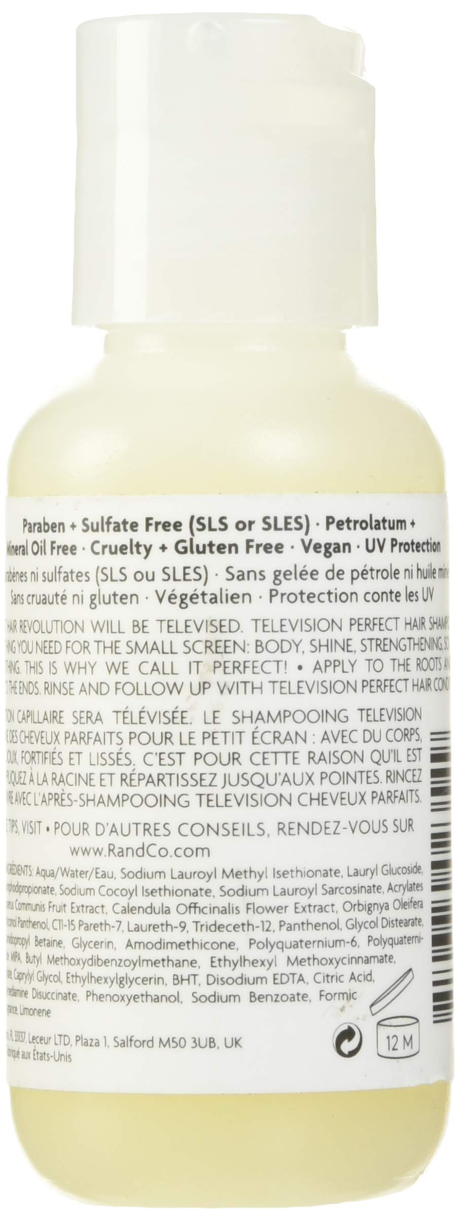 R+Co Television Perfect Hair Shampoo label closeup highlighting premium formula for scalp care.