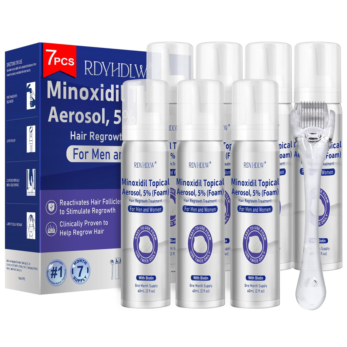 RDVHDLW 5% Minoxidil foam bottle for easy at-home hair growth support