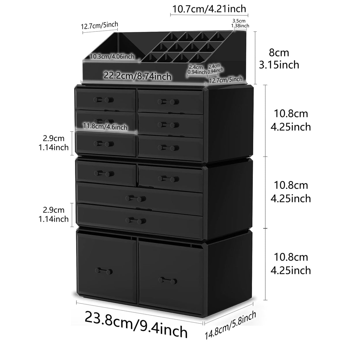 READAEER makeup organizer drawer front highlights sleek black design for a stylish dressing table.