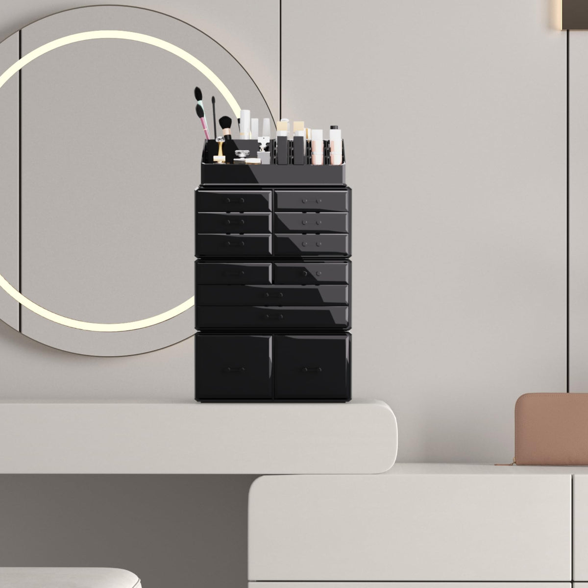READAEER makeup organizer with drawer open for easy access to cosmetics and brushes.