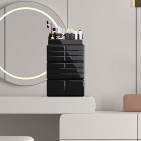READAEER makeup organizer with drawer open for easy access to cosmetics and brushes.