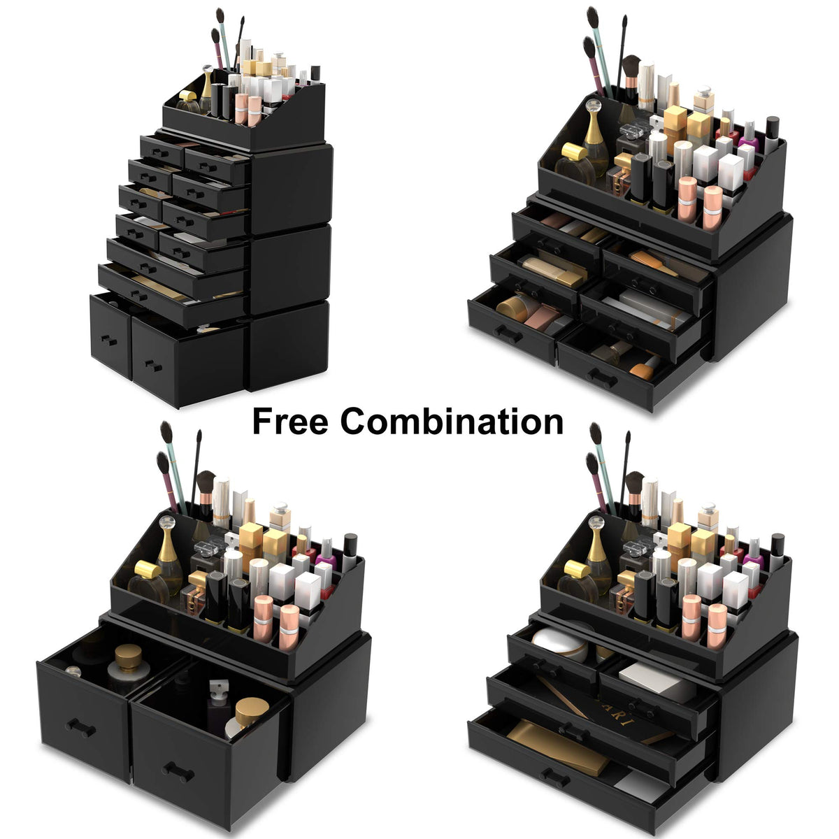 READAEER makeup organizer top compartments display compact storage for small items.