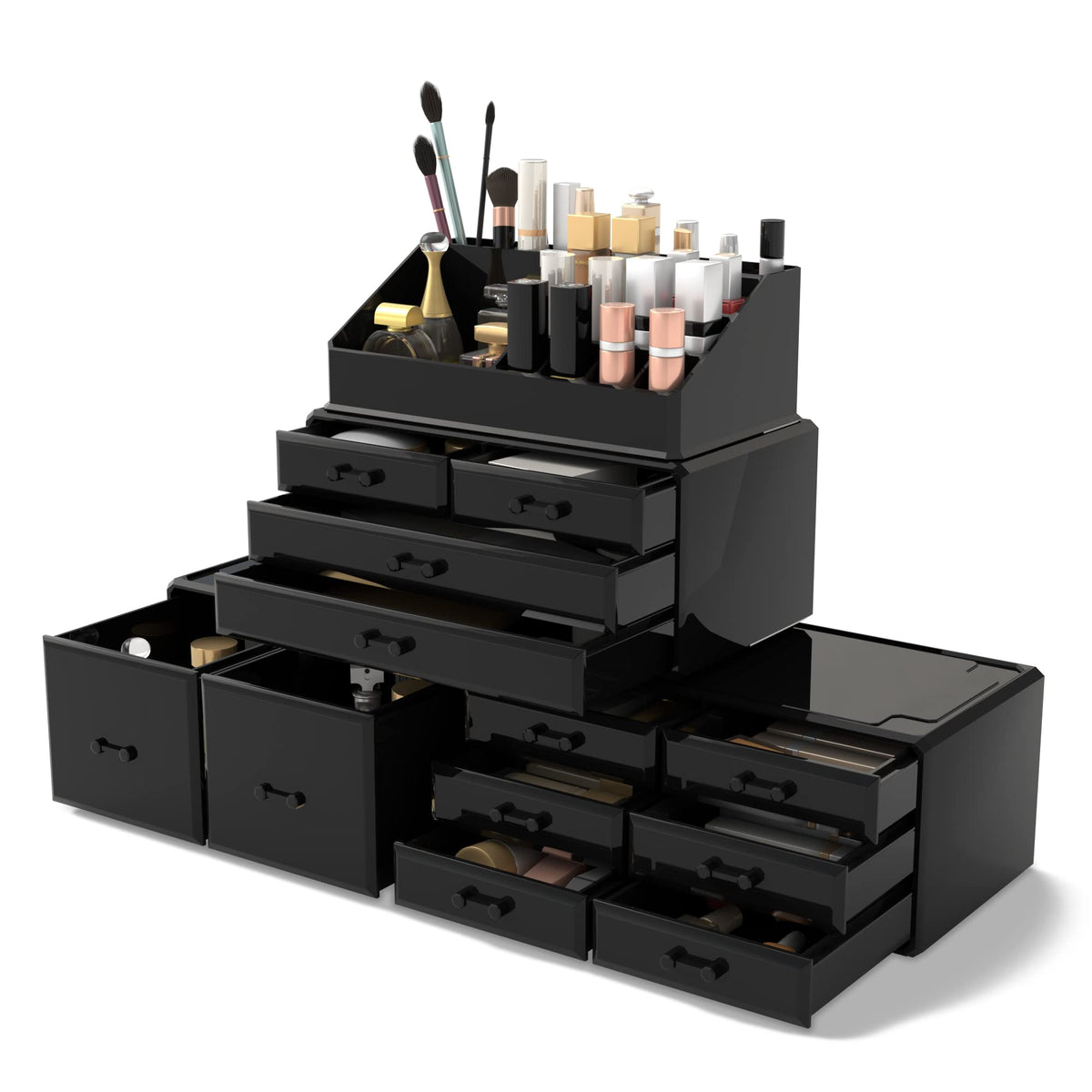 READAEER makeup organizer top view shows a 12-drawer layout for tidy vanity storage.