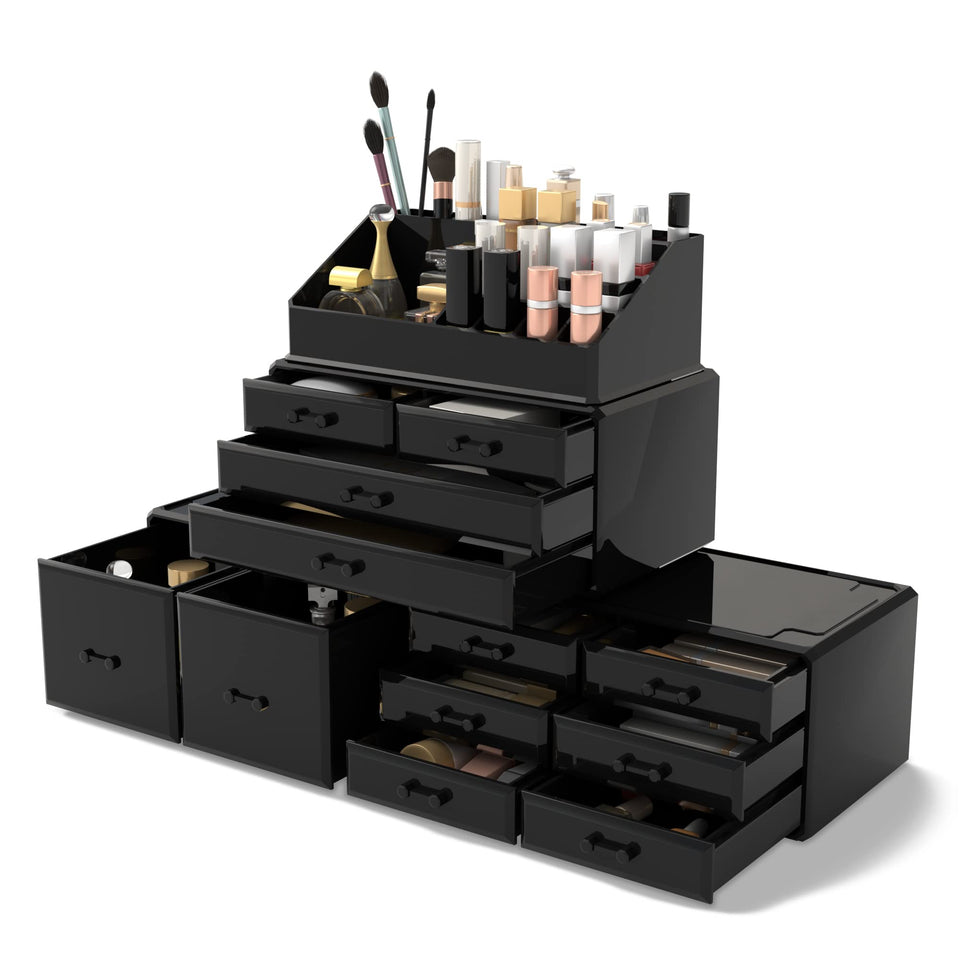 READAEER makeup organizer top view shows a 12-drawer layout for tidy vanity storage.