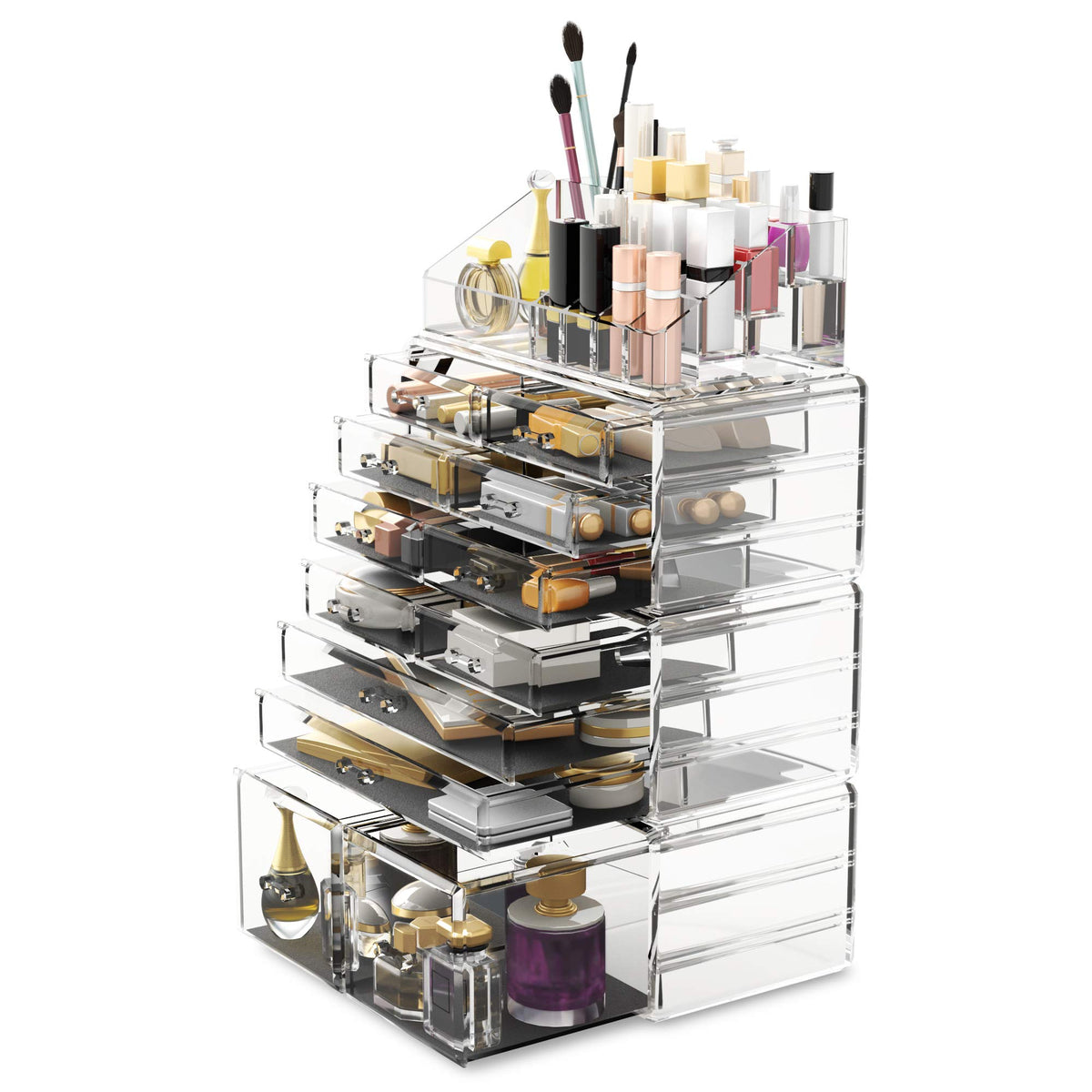 READAEER makeup organizer stackable base saves dresser space for expanding collections.