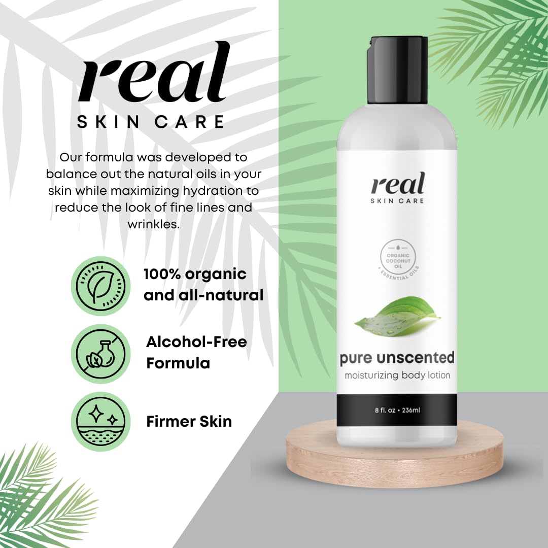 Real Skin Care Organic Body Lotion spreads smoothly to moisturize and firm dry skin.