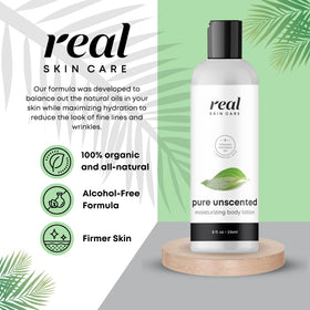 Real Skin Care Organic Body Lotion spreads smoothly to moisturize and firm dry skin.
