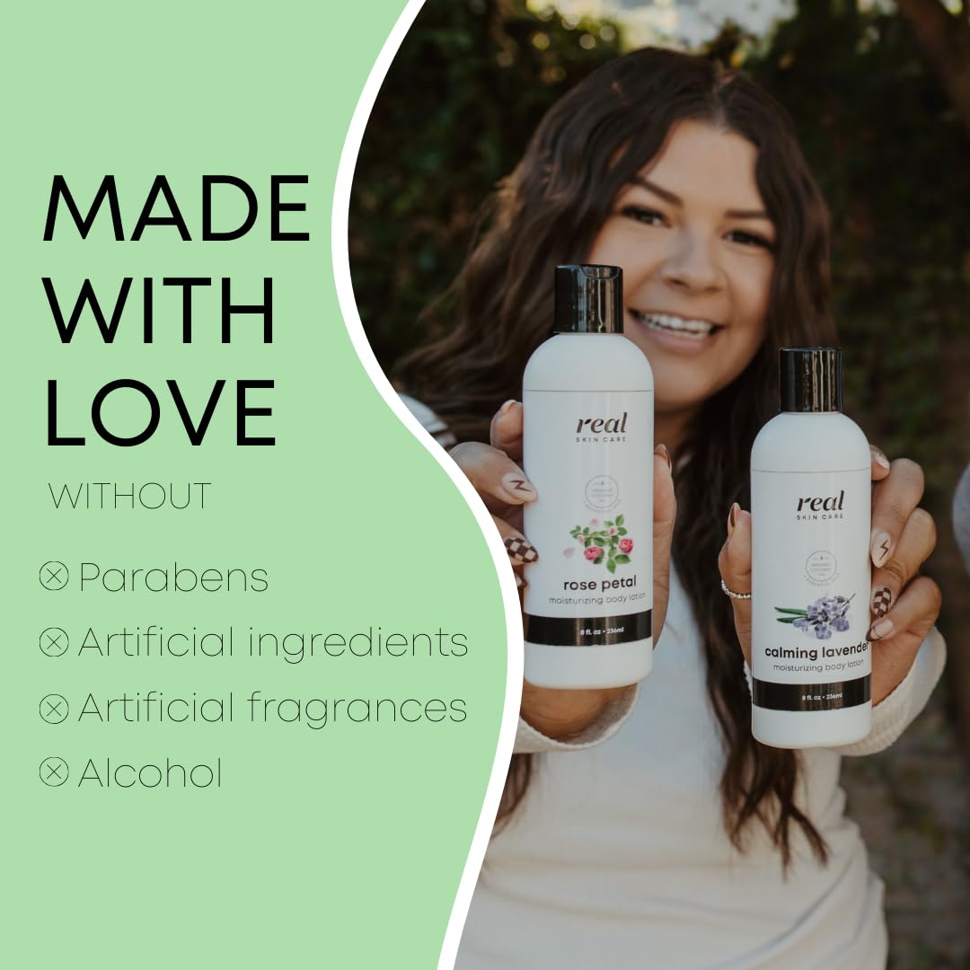 Real Skin Care Organic Body Lotion 8oz packaging ready for daily routine.