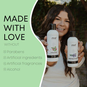 Real Skin Care Organic Body Lotion 8oz packaging ready for daily routine.
