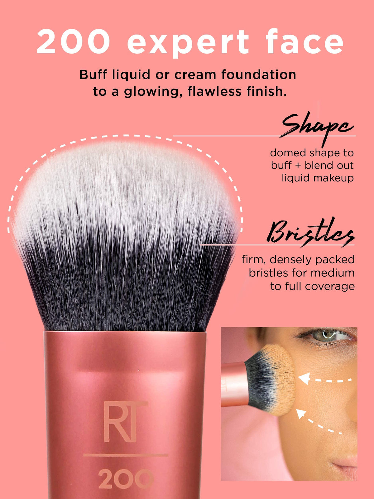 Real Techniques foundation brush in-hand application, delivering medium to full coverage.