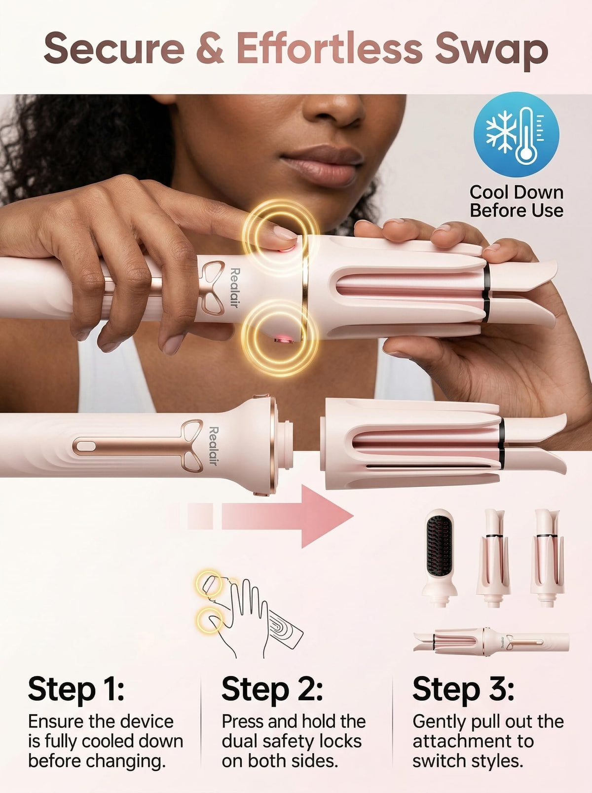 Realair Auto Hair Curler anti-tangle safety prevents snags during styling.