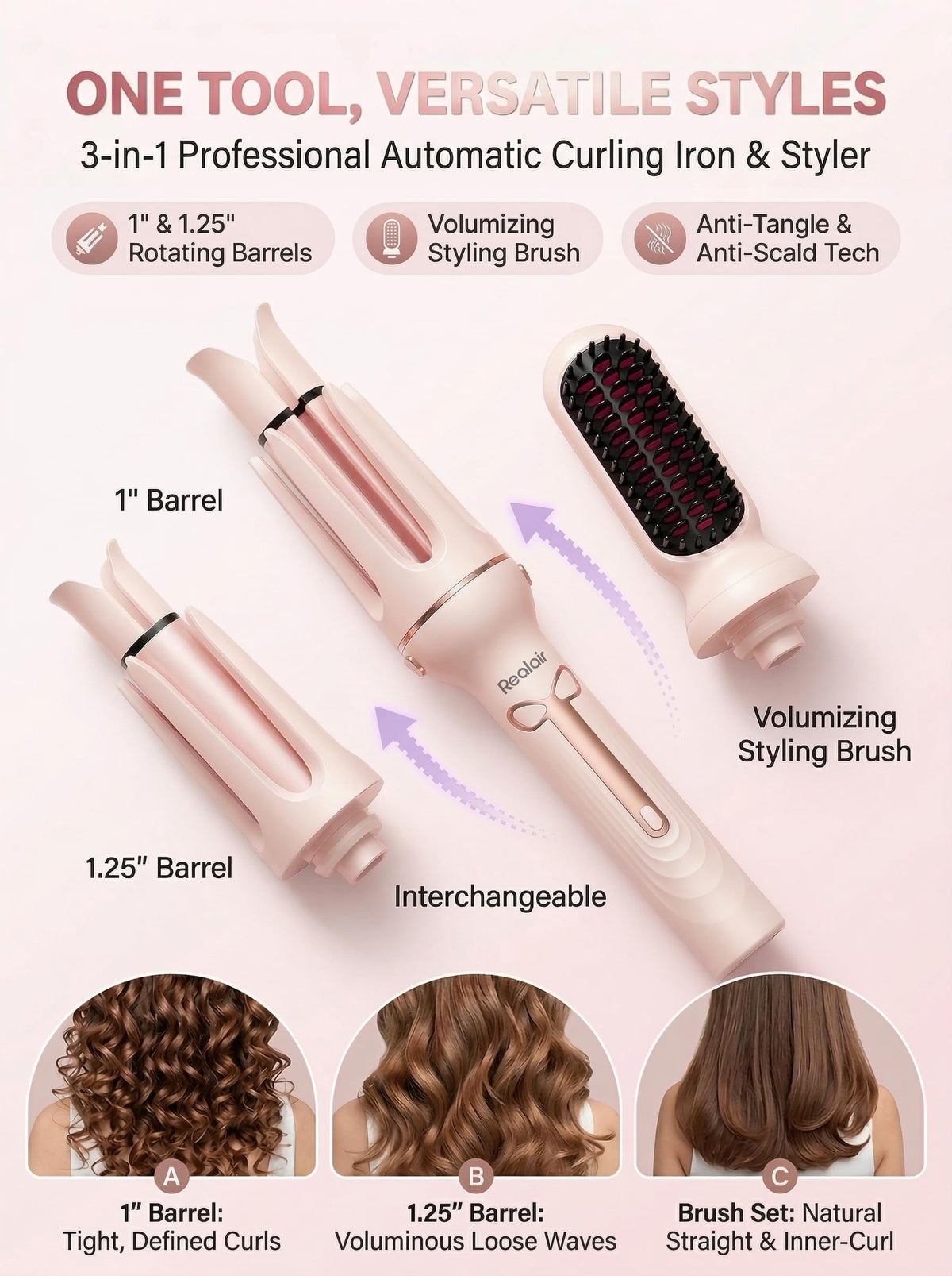 Realair Auto Hair Curler features one-click operation for easy styling.