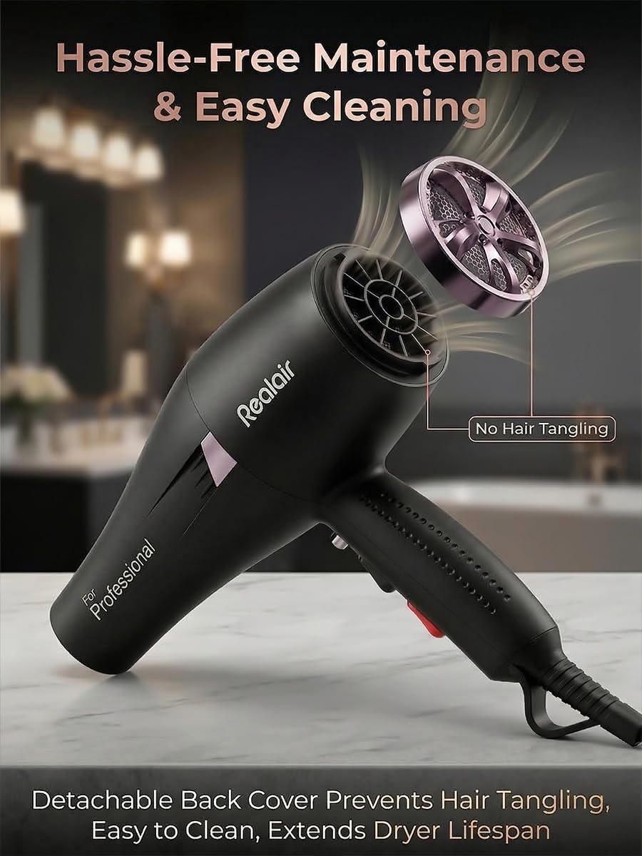 Realair dryer with built-in storage hook keeps space organized