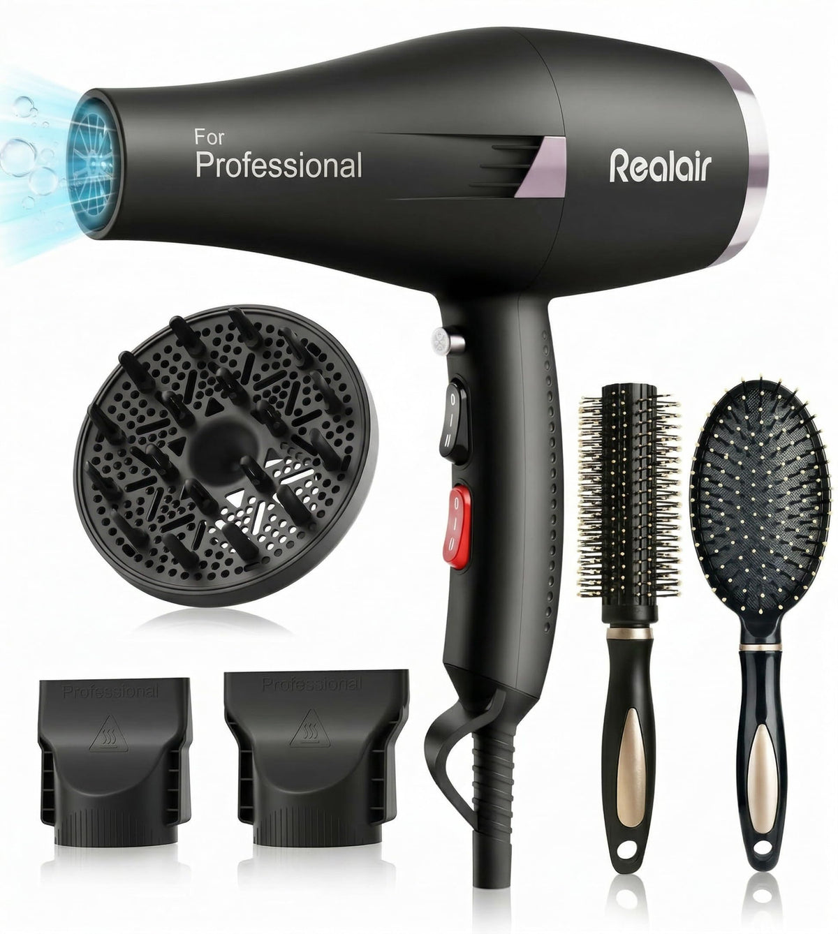 Realair salon hair dryer with AC motor showing powerful airflow for fast drying