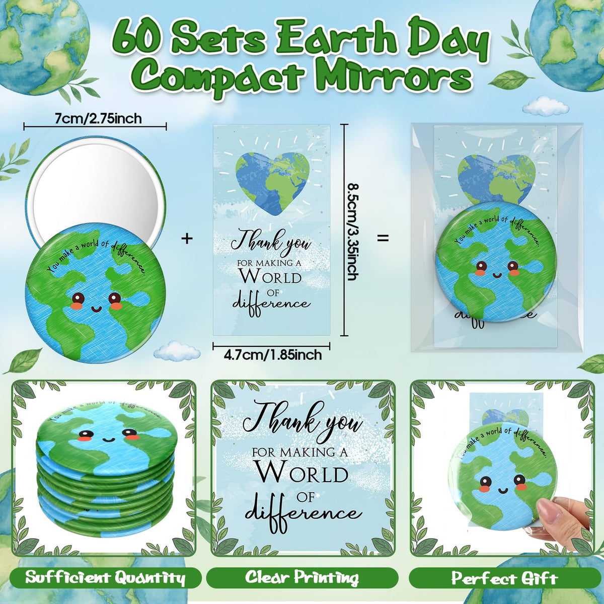 Reallnaive Earth Day compact mirror close-up showing durable finish and vibrant print.