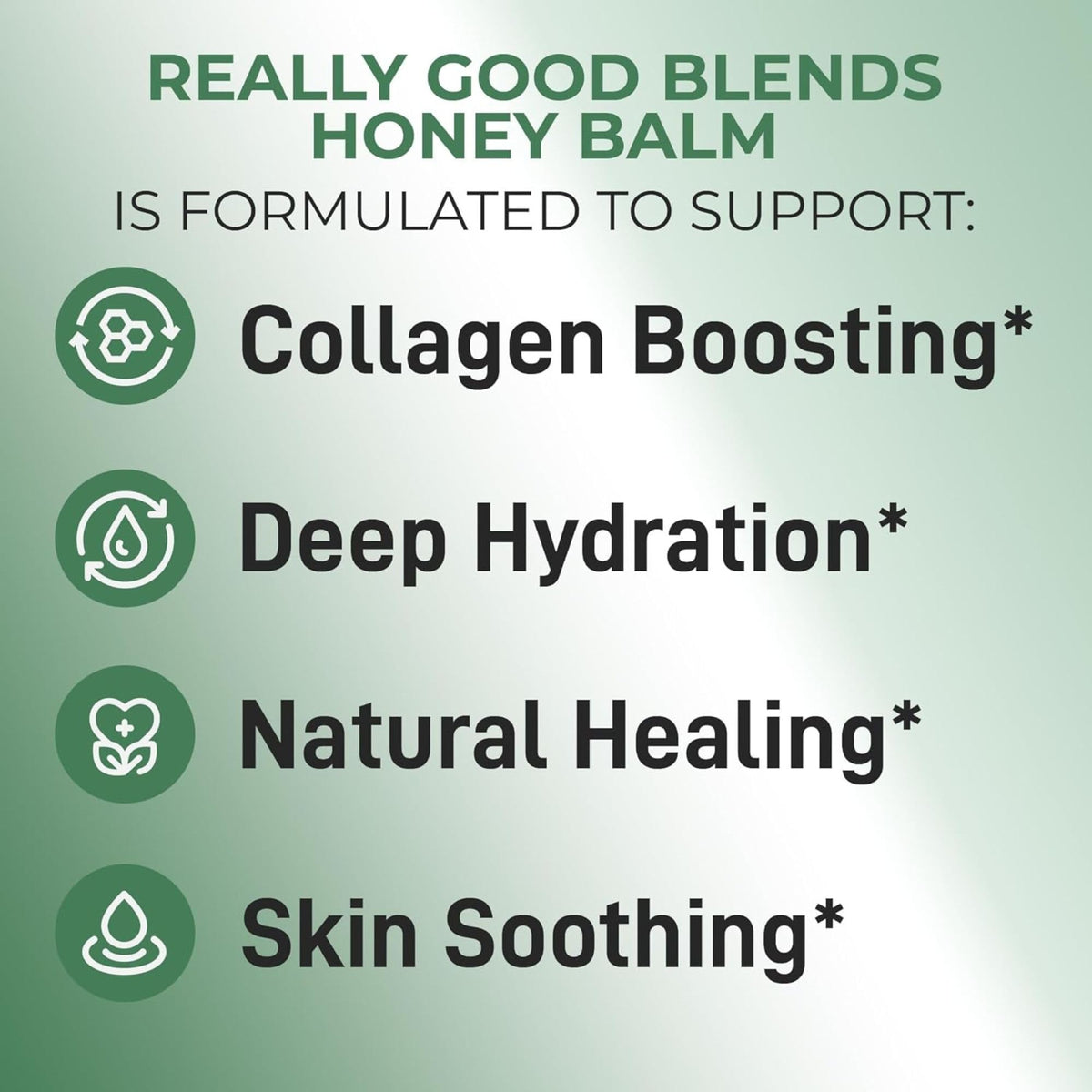 Really Good Blends balm applied on hand demonstrates easy, non-greasy absorption