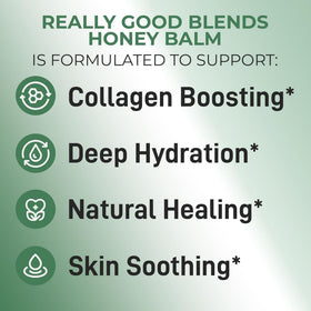 Really Good Blends balm applied on hand demonstrates easy, non-greasy absorption