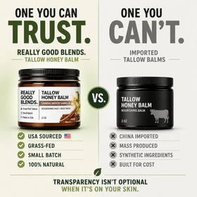 Really Good Blends Tallow Honey Balm applied to elbow area for moisture and comfort
