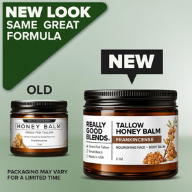Really Good Blends Tallow Honey Balm ingredients bowl shows organic grass-fed components