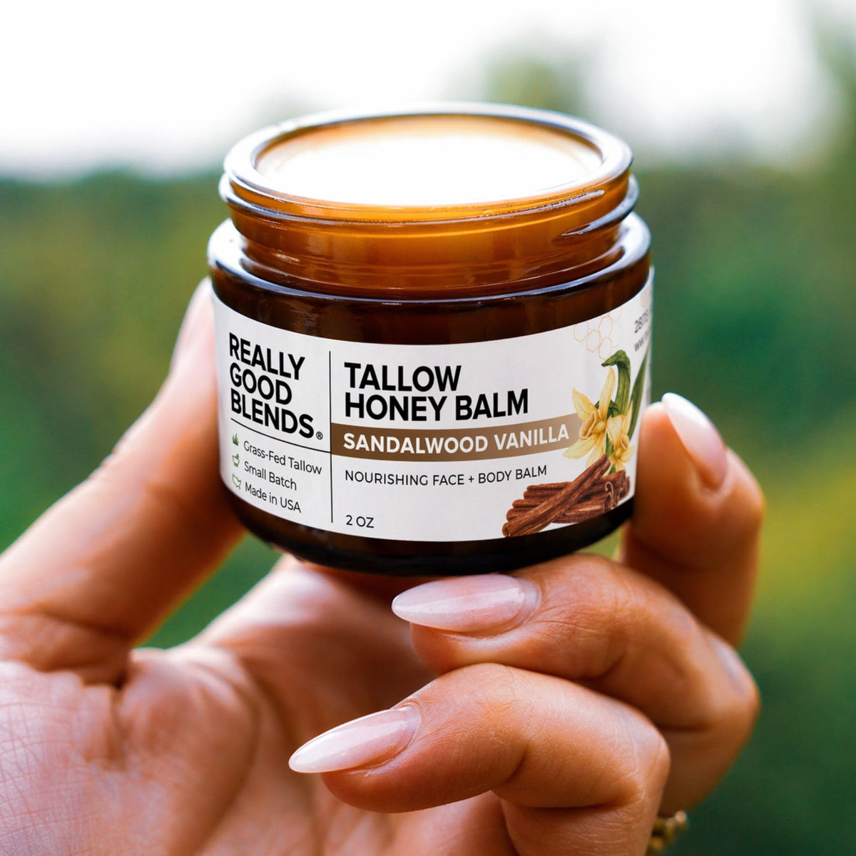 Really Good Blends Tallow Honey Balm ingredients highlight grass-fed tallow and honey