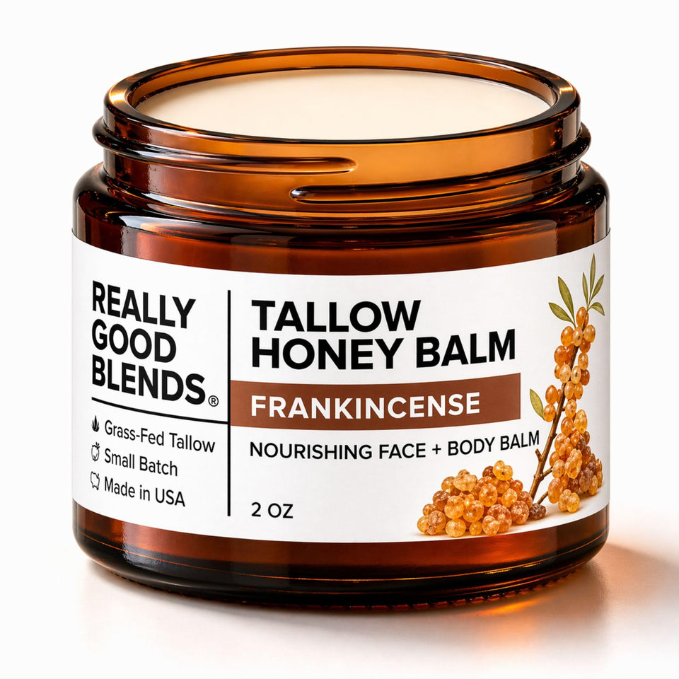 Really Good Blends Tallow Honey Balm jar with frankincense nourishes skin