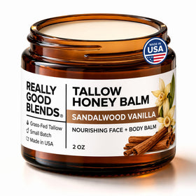Really Good Blends Tallow Honey Balm jar open shows rich hydration for dry skin