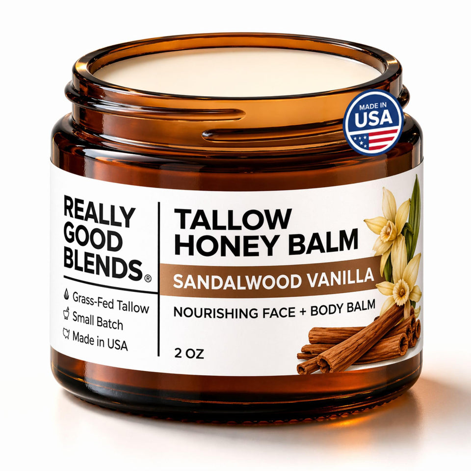 Really Good Blends Tallow Honey Balm jar open shows rich hydration for dry skin