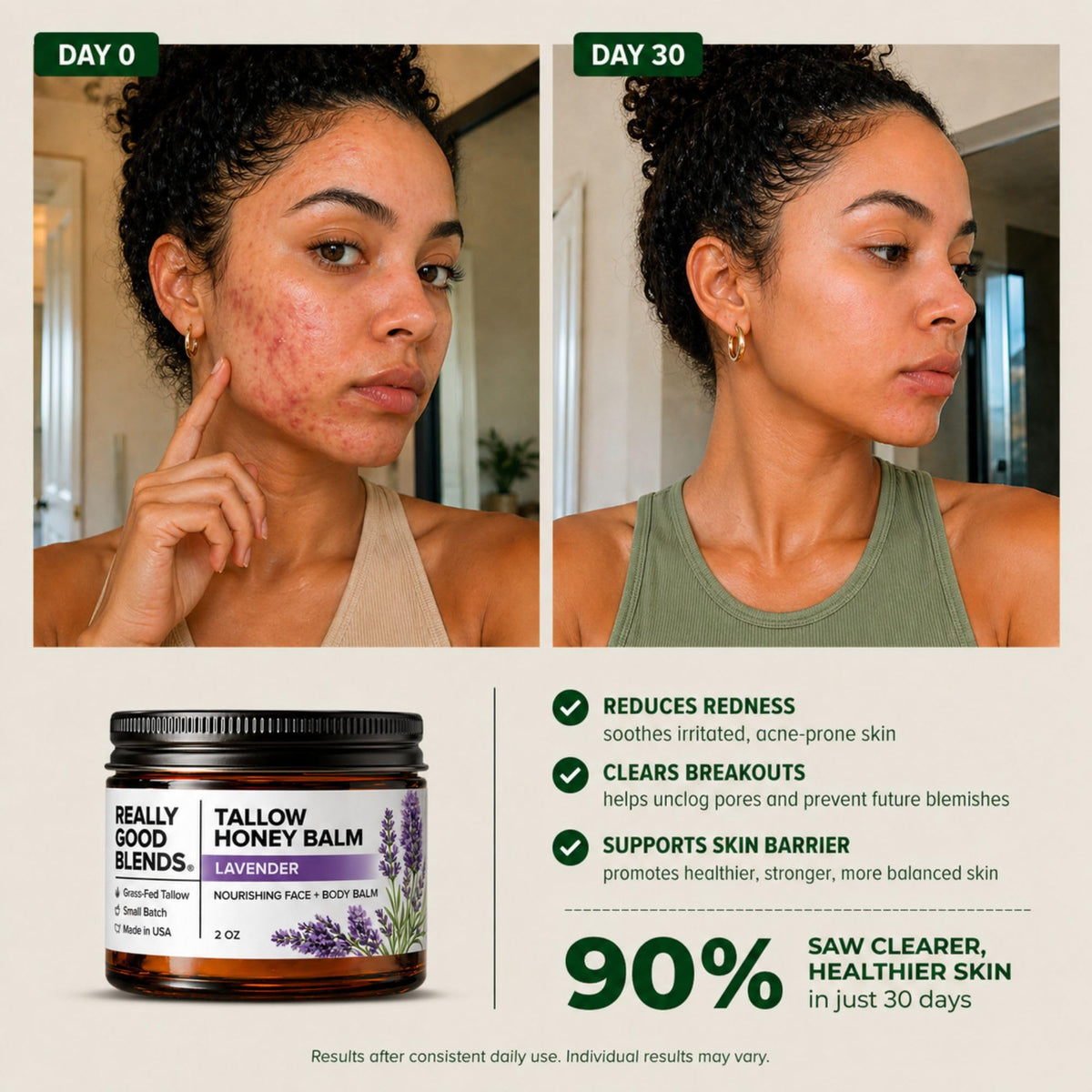 Really Good Blends Tallow Honey Balm on hand shows quick smoothing for dry patches