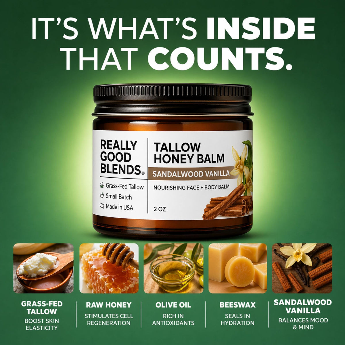 Really Good Blends Tallow Honey Balm texture close-up reveals creamy, soothing moisture