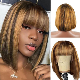 Rebasar 8-inch bob wig with bangs in ombre 4/27, natural look and versatile styling.