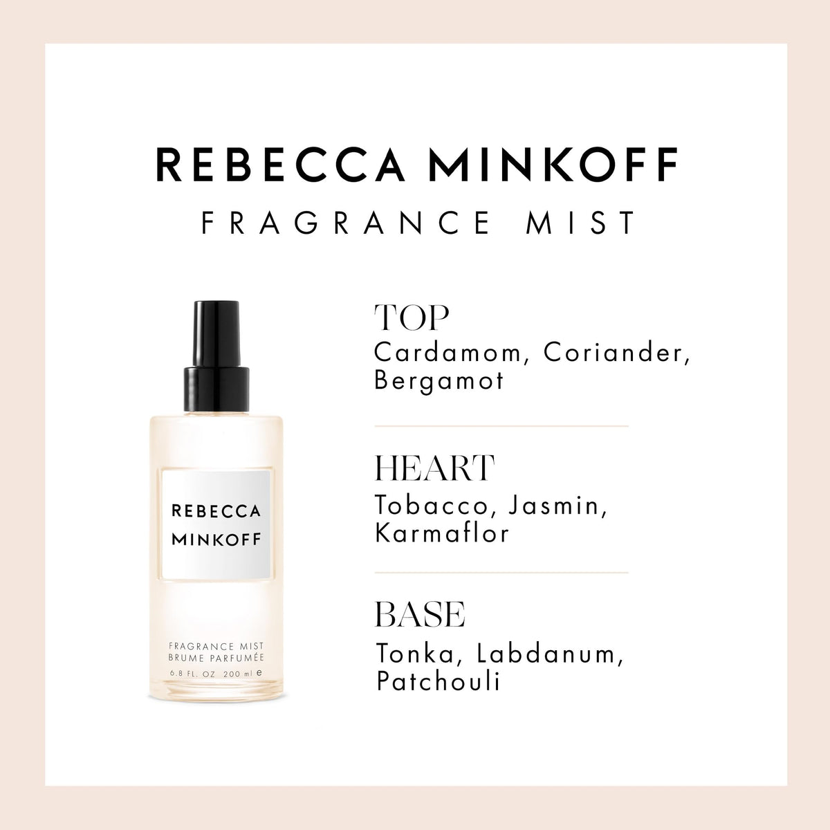 Rebecca Minkoff body spray tonka and patchouli base for lasting depth.