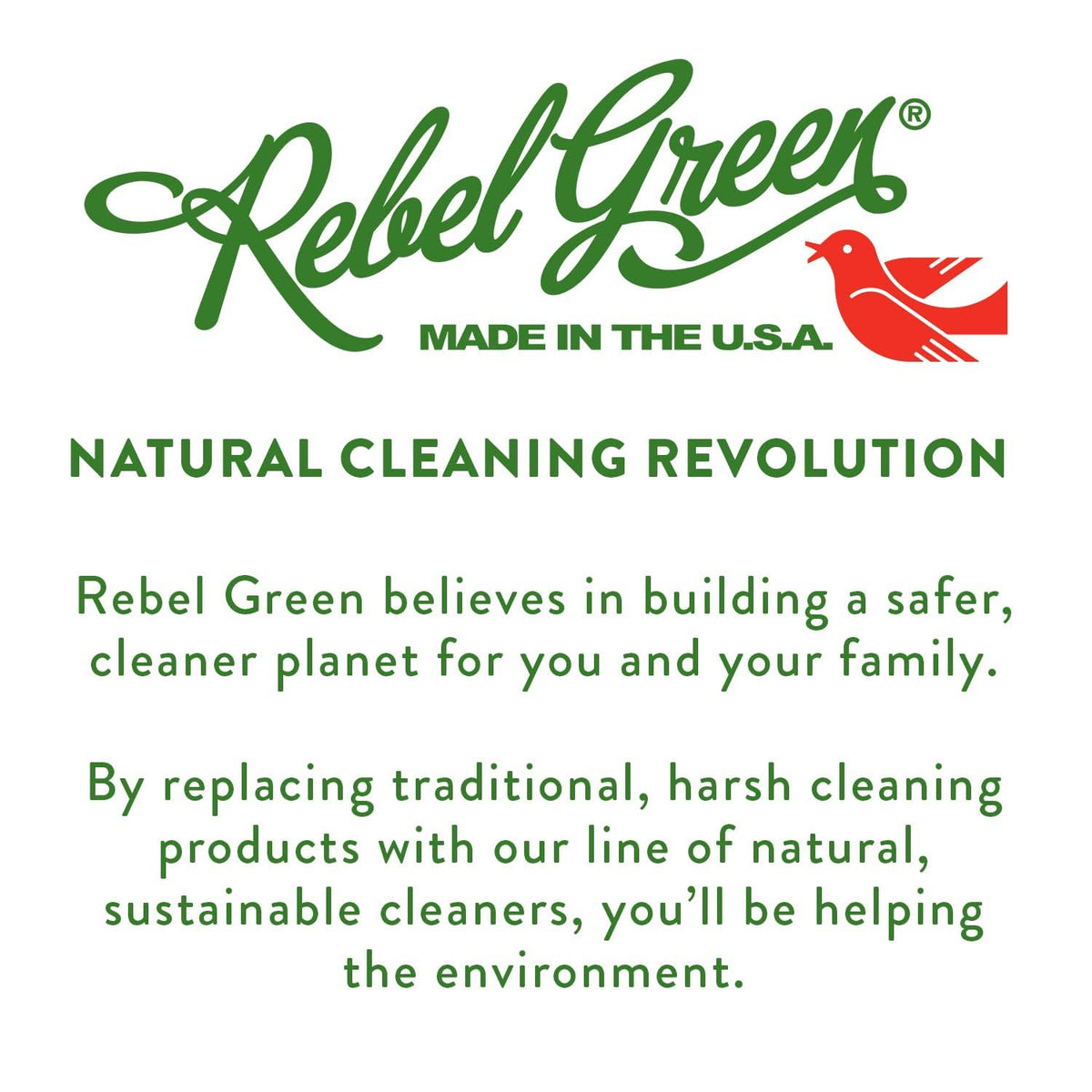 Rebel Green eco-friendly bottle with recycle icon signals sustainable packaging.