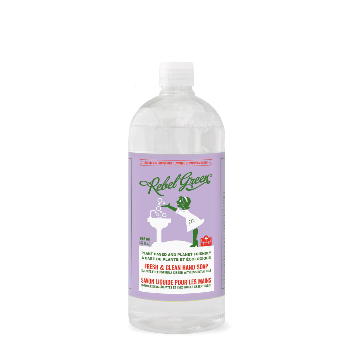 Rebel Green hand soap refill bottle pouring for easy refills and waste reduction.