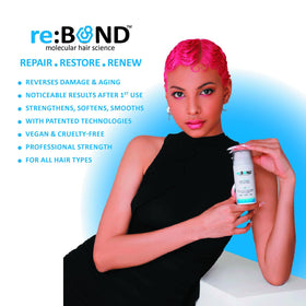 RE:BOND application step showing easy leave-in use for smoother, frizz-free results