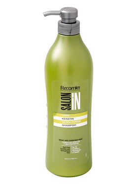 RECAMIER PRO Keratin Ultra Force Shampoo bottle—delivers salon-strength hydration for damaged hair.