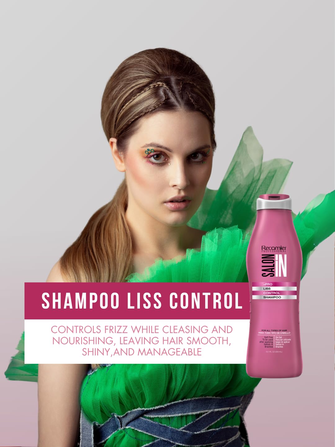 Recamier Salon In anti-frizz conditioner bottle front emphasizing smoothness and detangling benefits.