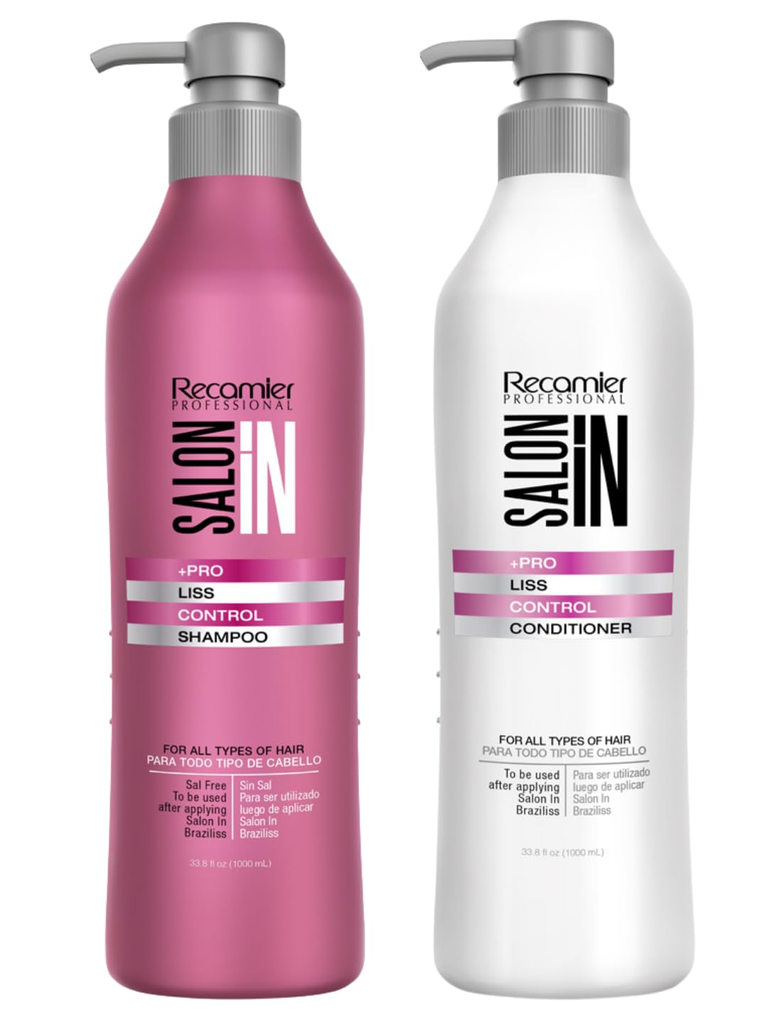 Recamier Salon In anti-frizz shampoo bottle front showing sleek design and frizz control potential.