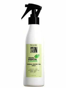 Recamier Salon In bottle front shows vegan keratin heat protector for professional styling.