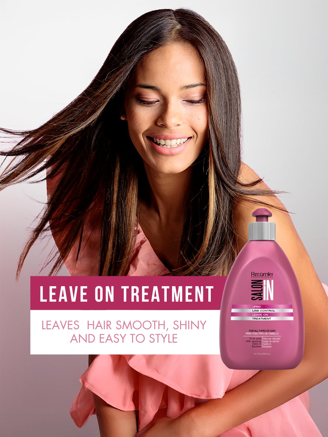 Recamier Salon In Liss Control bottle reduces frizz and humidity for lasting manageability.