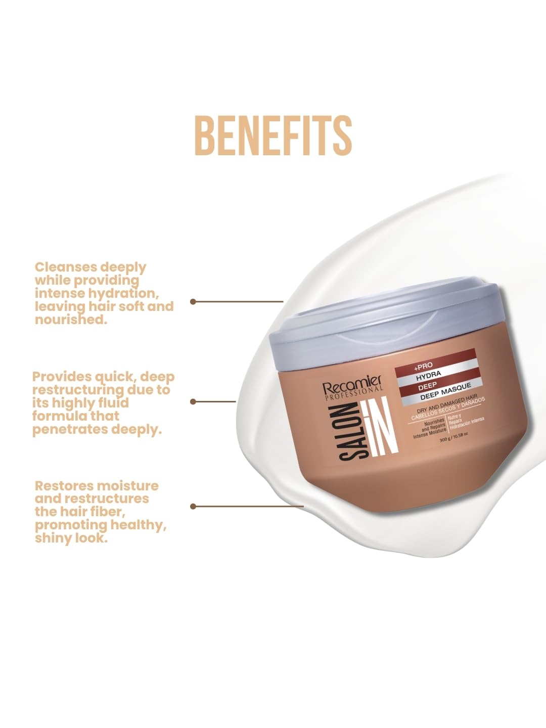 Recamier Salon In Hydra Repair Mask applied to hair demonstrates smoother strands