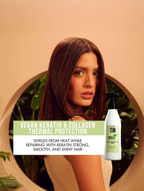 Recamier Salon In being applied, keratin and collagen nourish strands during heat styling.