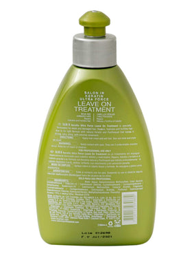Close-up of the Keratin Ultra Force Leave-In bottle ready for application.