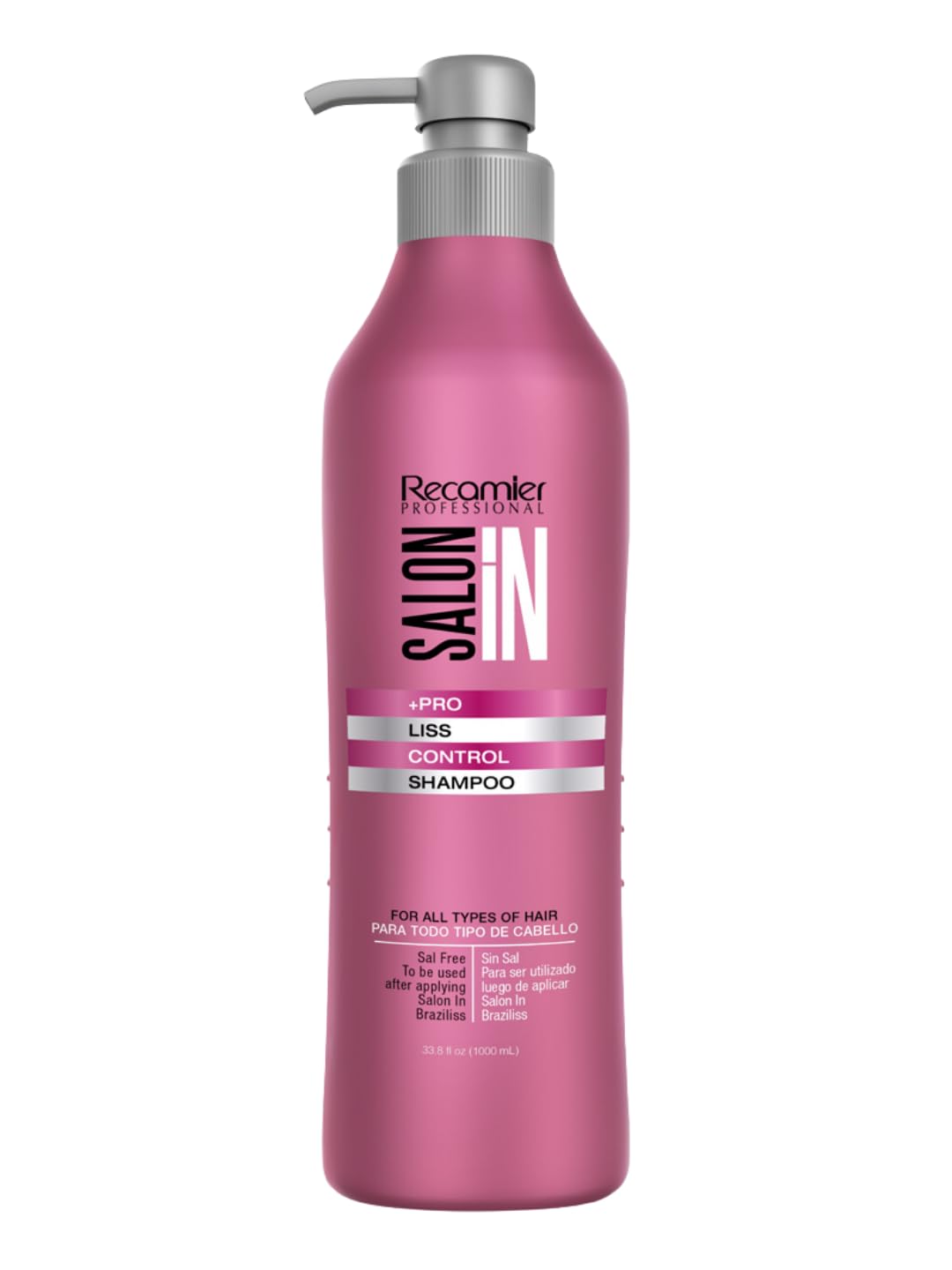 RECAMIER Salon In Liss Control Shampoo bottle front showing sleek frizz control design