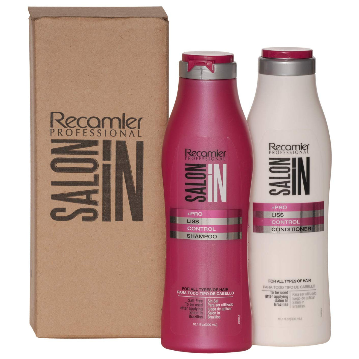 Recamier Salon In Liss Control shampoo bottle close-up for smooth, frizz-controlled hair.
