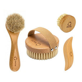 Reccsy 4pc dry brushing set with ergonomic handles for at-home exfoliation and lymphatic support.
