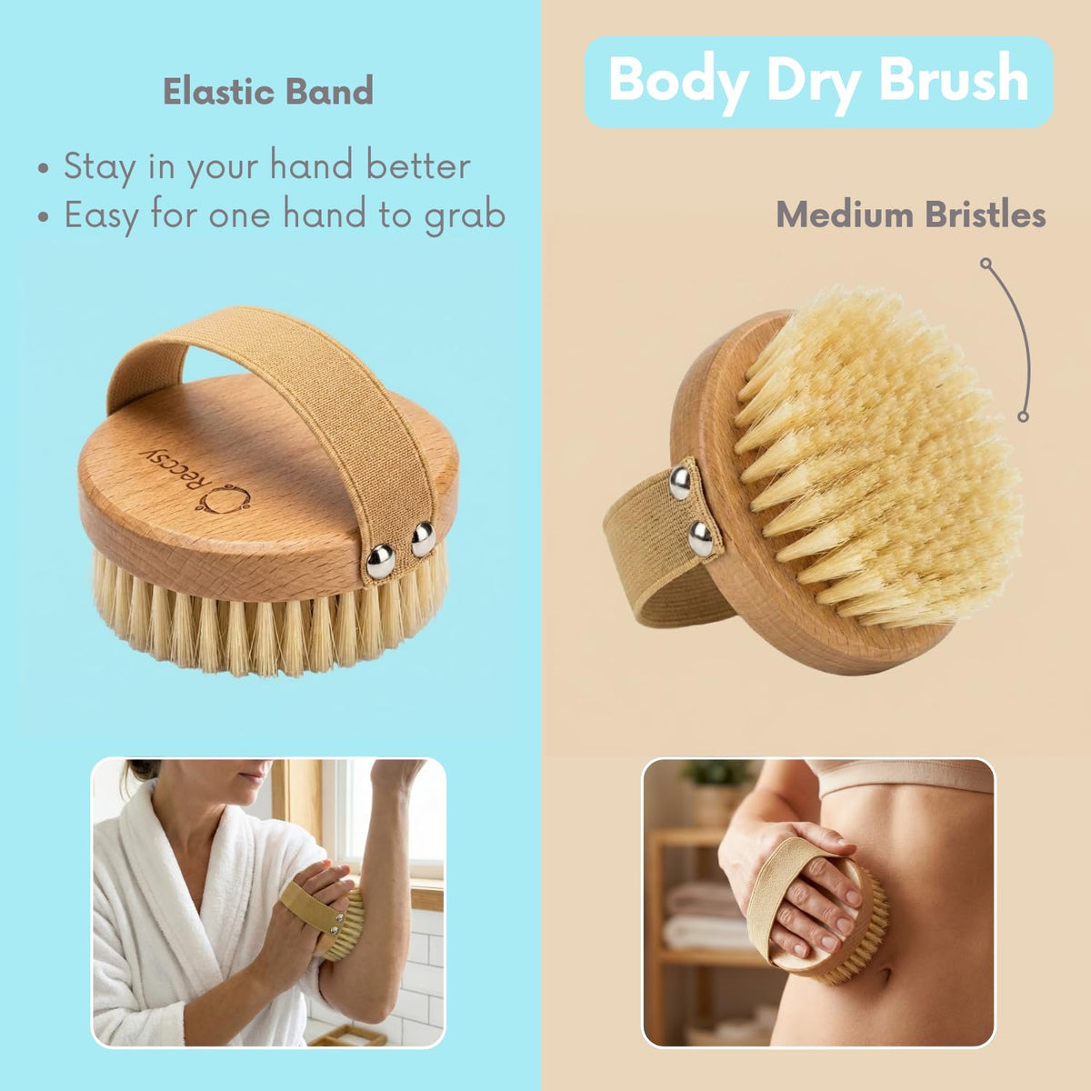 Reccsy facial dry brush with soft horsehair bristles for sensitive skin cleansing.