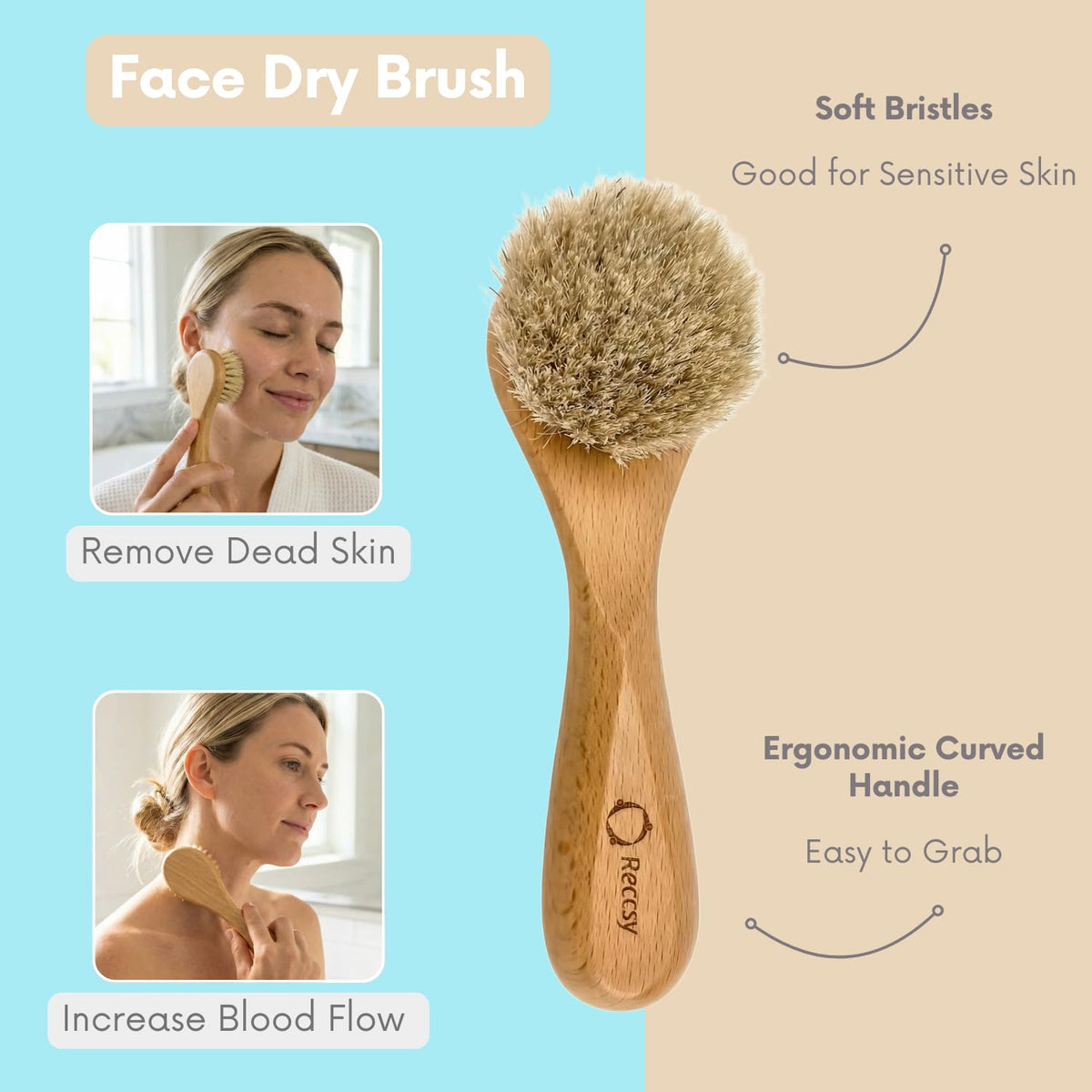 Reccsy tiny round brush with boar bristles targets the T-zone for deep cleansing.