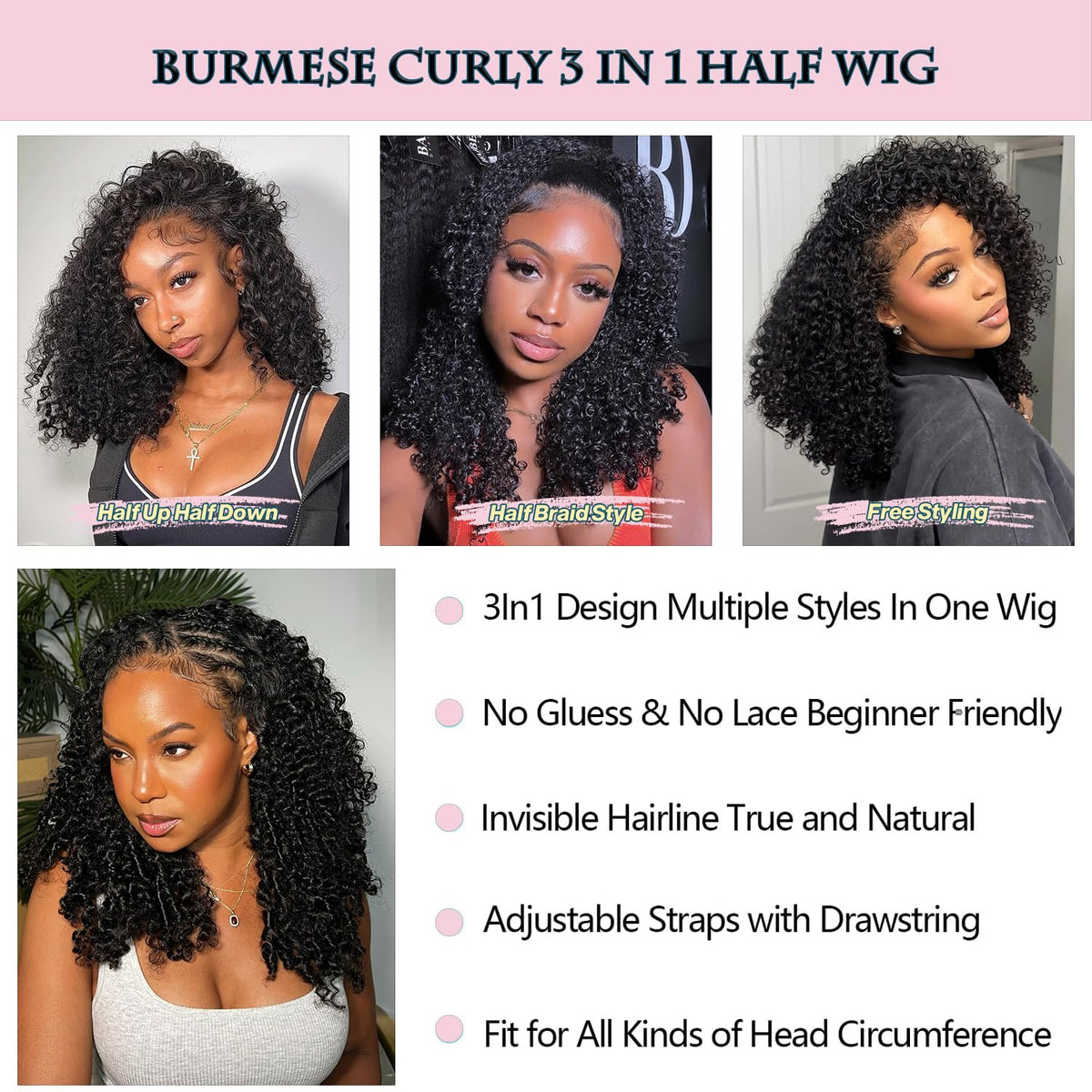 Recomtic half wig Burmese curly with 250 density for fuller volume