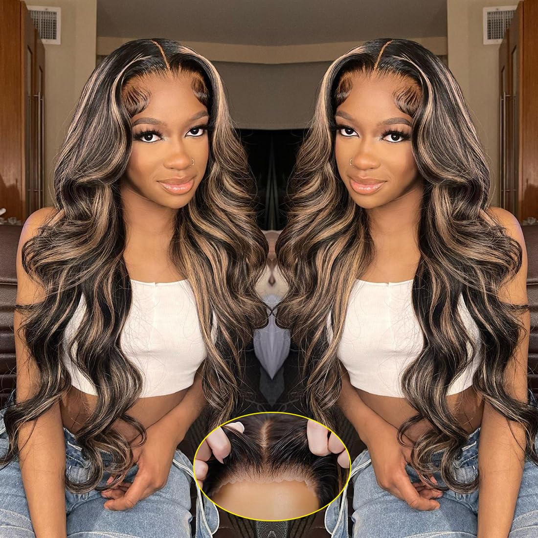 Recomtic highlight wig with glueless 5x5 HD lace closure for natural parting