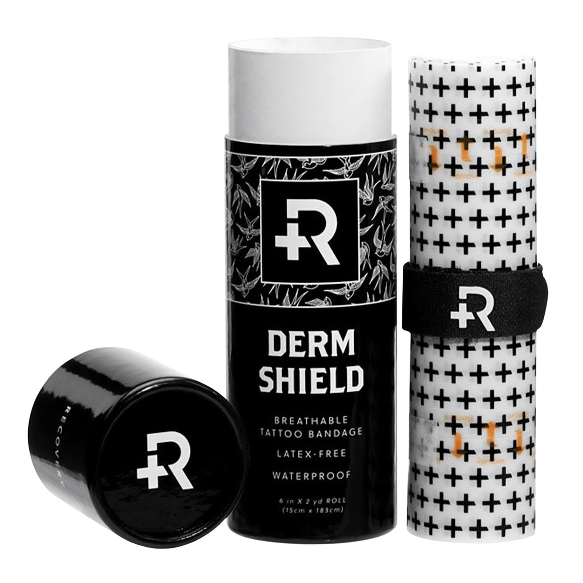 Recovery Aftercare Derm Shield patch on new tattoo, latex-free protection during early healing.